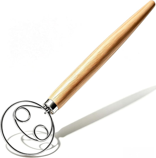Danish Dough Whisk Stainless Steel Wood Handle for Sourdough Bread | 2-Eye No-Clump Dutch Whisk, Food-Safe Steel Head, Non-Slip Wood Grip, Hand Dough Mixer, Dishwasher Safe, for Sourdough Baking