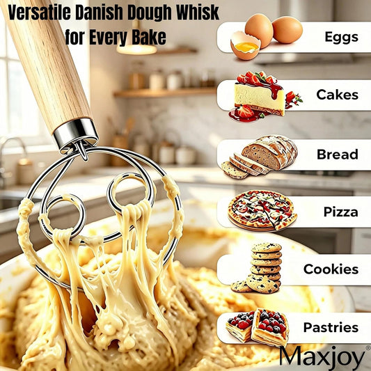 Danish Dough Whisk Stainless Steel Wood Handle for Sourdough Bread | 2-Eye No-Clump Dutch Whisk, Food-Safe Steel Head, Non-Slip Wood Grip, Hand Dough Mixer, Dishwasher Safe, for Sourdough Baking