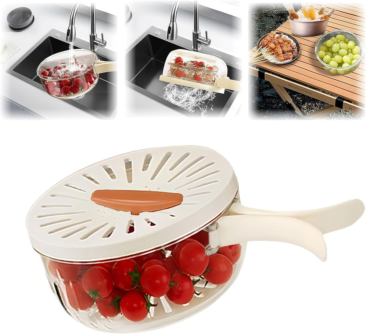 2 in 1 Fruit Vegetable Washing Bowl with Strainer, 1 QT Multipurpose Drain Basket with Lid & Foldable Handle, Fruit Strainer Container for Kitchen, Fridge, Picnics, Apartment, BPA-Free Material