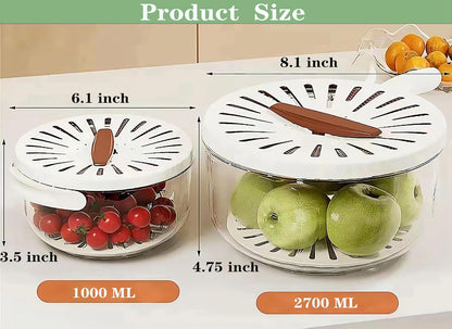 2 in 1 Fruit Vegetable Washing Bowl with Strainer, 1 QT Multipurpose Drain Basket with Lid & Foldable Handle, Fruit Strainer Container for Kitchen, Fridge, Picnics, Apartment, BPA-Free Material