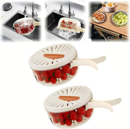 2 in 1 Fruit Vegetable Washing Bowl with Strainer, 1 QT Multipurpose Drain Basket with Lid & Foldable Handle, Fruit Strainer Container for Kitchen, Fridge, Picnics, Apartment, BPA-Free Material