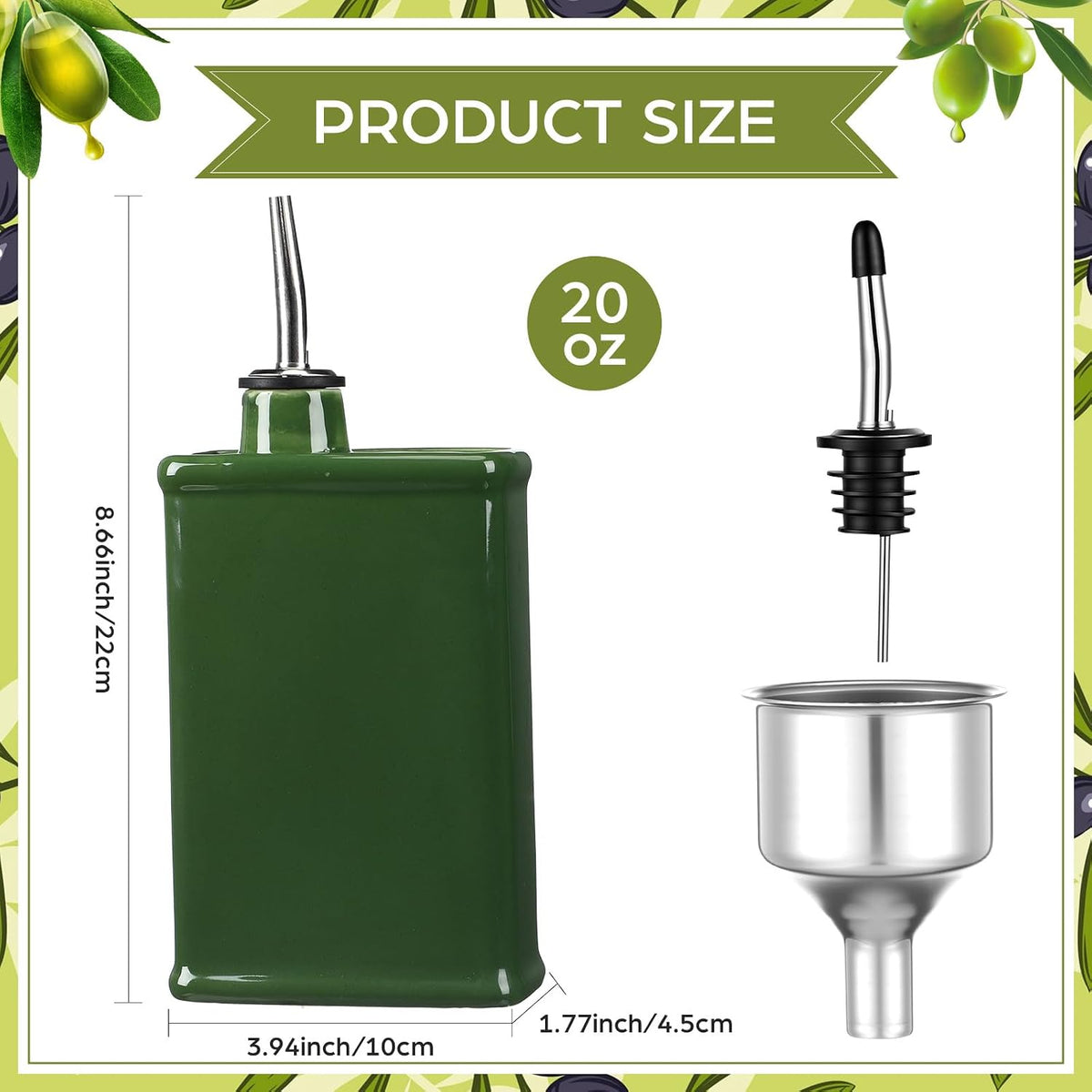 20 oz Ceramic Olive Oil Dispenser Bottle Green Olive Oil Dispenser Large Capacity Vinegar Cruet with Stainless Steel Spout for Storage Vinegar, Coffee Syrups and Other Liquids