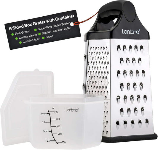 Cheese Grater with Container, Handheld Shredder, Zester (6 in 1) | 6 grating functions, coarse, medium, fine, micro, slicer blades, non-slip base, fitted measuring container with lid