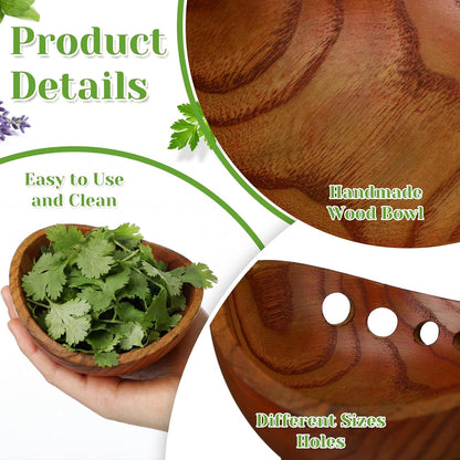 1 Pack Wooden Herb Stripper Bowls, Wood 5 Holes Kitchen Herbs Peeling Bowl, Leaf Stripping Peeler for Separating Leaves and Stems, Salads & Cooking, Pottery Kitchen Tool