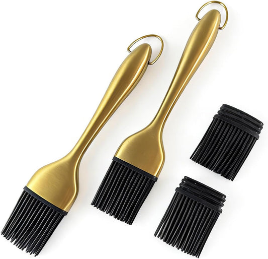 Silicone Basting Brush, Gold, 2 Pack with 2 Extra Heads | Gold Stainless Steel Handle, Heat Resistant, For BBQ Grill Cooking Baking, Dishwasher Safe