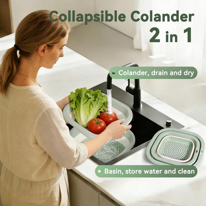 Collapsible Colander and Sink Basin Set - 2 in 1 Collapsible Colander Strainer with Collapsible Wash Basin for Kitchen, RV Camping, Foldable Fruit Vegetable Washing Basket, 4 QT, Blue