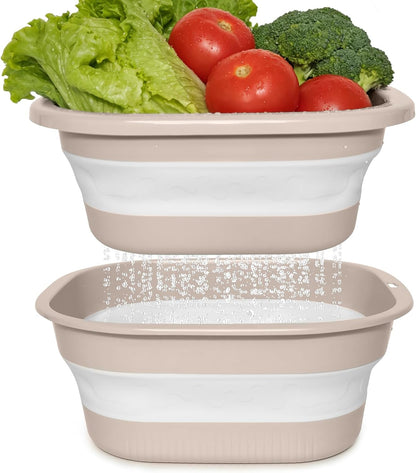 Collapsible Colander and Sink Basin Set - 2 in 1 Collapsible Colander Strainer with Collapsible Wash Basin for Kitchen, RV Camping, Foldable Fruit Vegetable Washing Basket, 4 QT, Blue