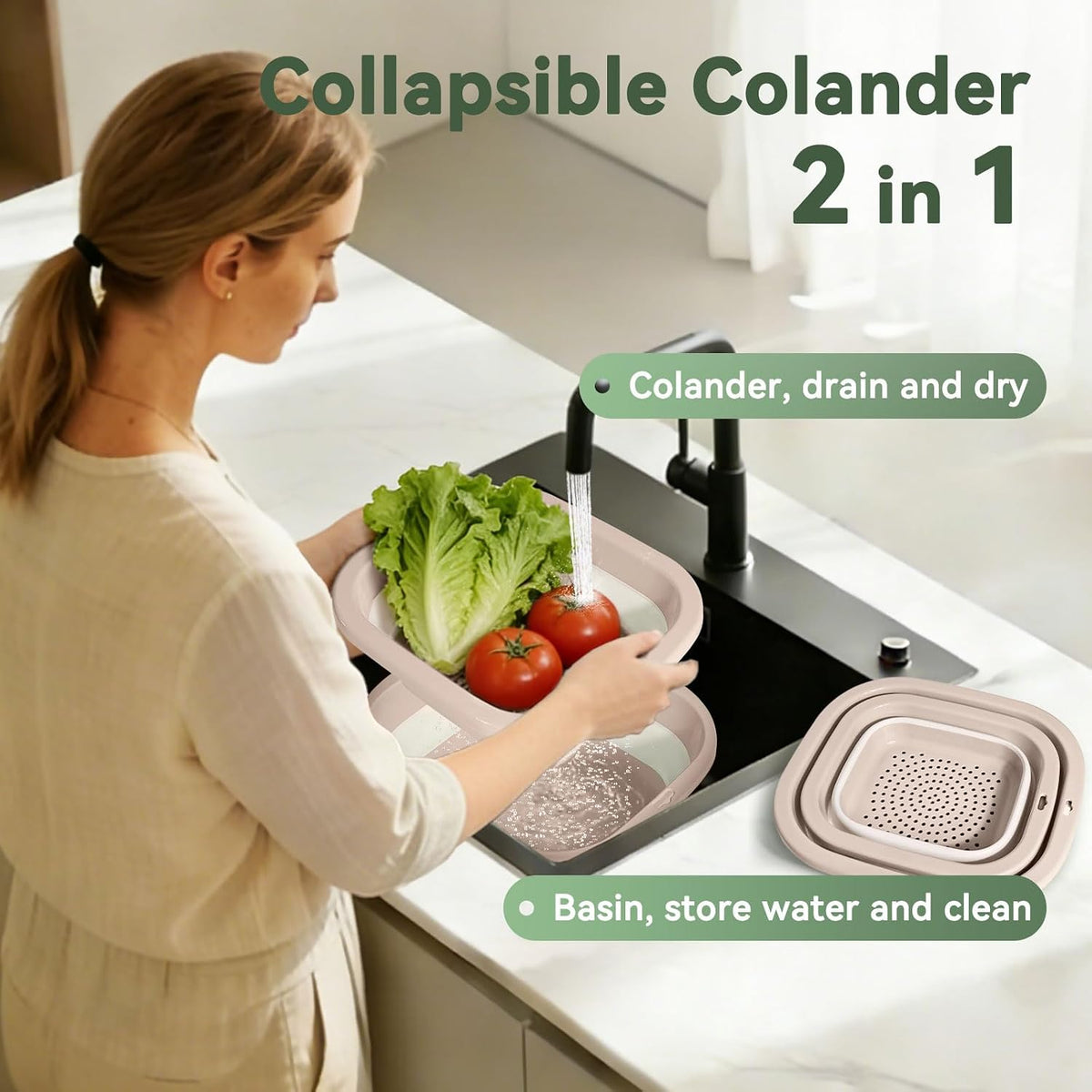 Collapsible Colander and Sink Basin Set - 2 in 1 Collapsible Colander Strainer with Collapsible Wash Basin for Kitchen, RV Camping, Foldable Fruit Vegetable Washing Basket, 4 QT, Blue