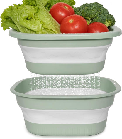 Collapsible Colander and Sink Basin Set - 2 in 1 Collapsible Colander Strainer with Collapsible Wash Basin for Kitchen, RV Camping, Foldable Fruit Vegetable Washing Basket, 4 QT, Blue