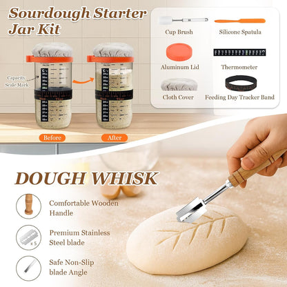 Sourdough Bread Baking Supplies, Sourdough Starter Kit, 2 9 Inch Round Banneton Bread Proofing Basket with 24 Oz Glass Jar, Sour Dough Tools with Danish Dough Whisk & Scraper