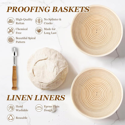 Sourdough Bread Baking Supplies, Sourdough Starter Kit, 2 9 Inch Round Banneton Bread Proofing Basket with 24 Oz Glass Jar, Sour Dough Tools with Danish Dough Whisk & Scraper