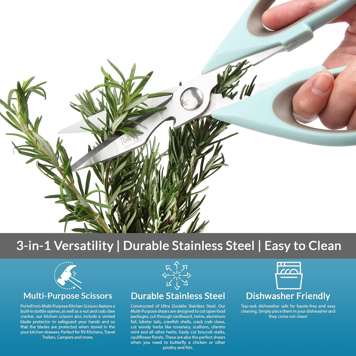PortoFino Kitchen Scissors for Food, Stainless Steel Shears, Cooking Scissors for Chicken, Fish, Herbs, Lightweight and designed with a soft Non-Slip Grip, Protect Cover, Dishwasher Safe, Blue