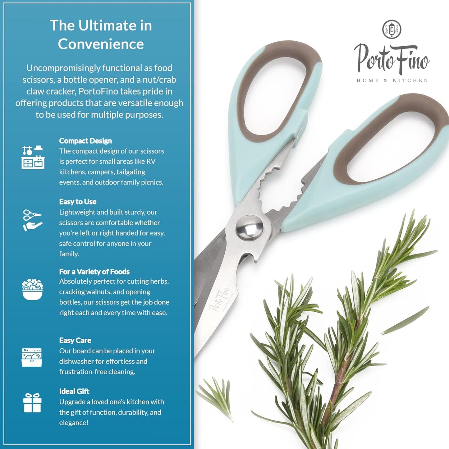PortoFino Kitchen Scissors for Food, Stainless Steel Shears, Cooking Scissors for Chicken, Fish, Herbs, Lightweight and designed with a soft Non-Slip Grip, Protect Cover, Dishwasher Safe, Blue
