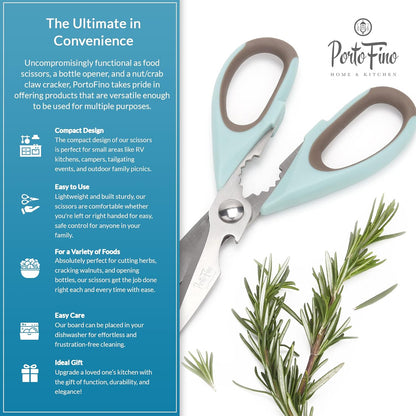 PortoFino Kitchen Scissors for Food, Stainless Steel Shears, Cooking Scissors for Chicken, Fish, Herbs, Lightweight and designed with a soft Non-Slip Grip, Protect Cover, Dishwasher Safe, Blue