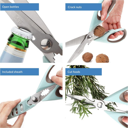 PortoFino Kitchen Scissors for Food, Stainless Steel Shears, Cooking Scissors for Chicken, Fish, Herbs, Lightweight and designed with a soft Non-Slip Grip, Protect Cover, Dishwasher Safe, Blue
