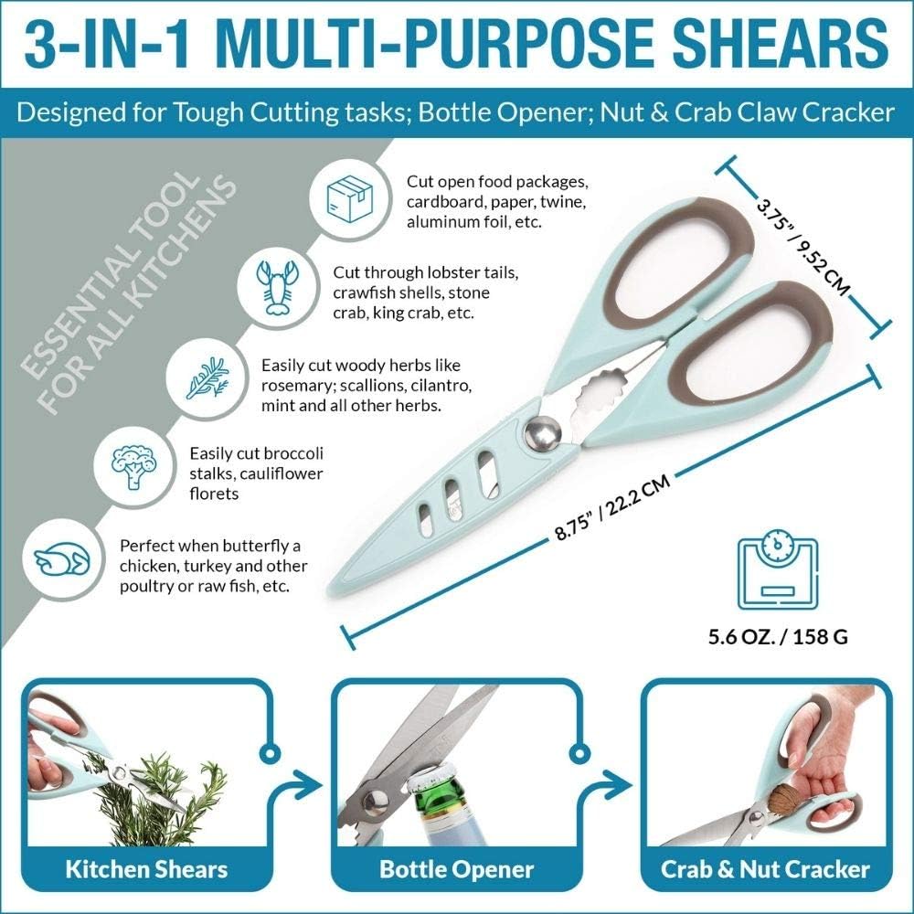 PortoFino Kitchen Scissors for Food, Stainless Steel Shears, Cooking Scissors for Chicken, Fish, Herbs, Lightweight and designed with a soft Non-Slip Grip, Protect Cover, Dishwasher Safe, Blue