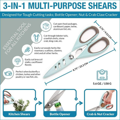 PortoFino Kitchen Scissors for Food, Stainless Steel Shears, Cooking Scissors for Chicken, Fish, Herbs, Lightweight and designed with a soft Non-Slip Grip, Protect Cover, Dishwasher Safe, Blue