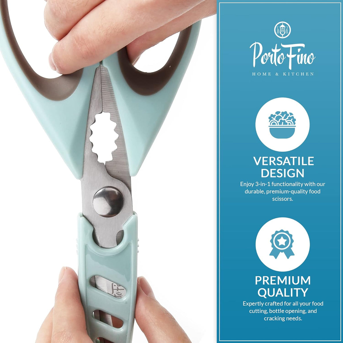 PortoFino Kitchen Scissors for Food, Stainless Steel Shears, Cooking Scissors for Chicken, Fish, Herbs, Lightweight and designed with a soft Non-Slip Grip, Protect Cover, Dishwasher Safe, Blue