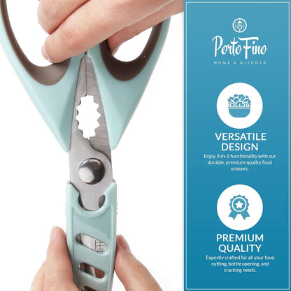 PortoFino Kitchen Scissors for Food, Stainless Steel Shears, Cooking Scissors for Chicken, Fish, Herbs, Lightweight and designed with a soft Non-Slip Grip, Protect Cover, Dishwasher Safe, Blue