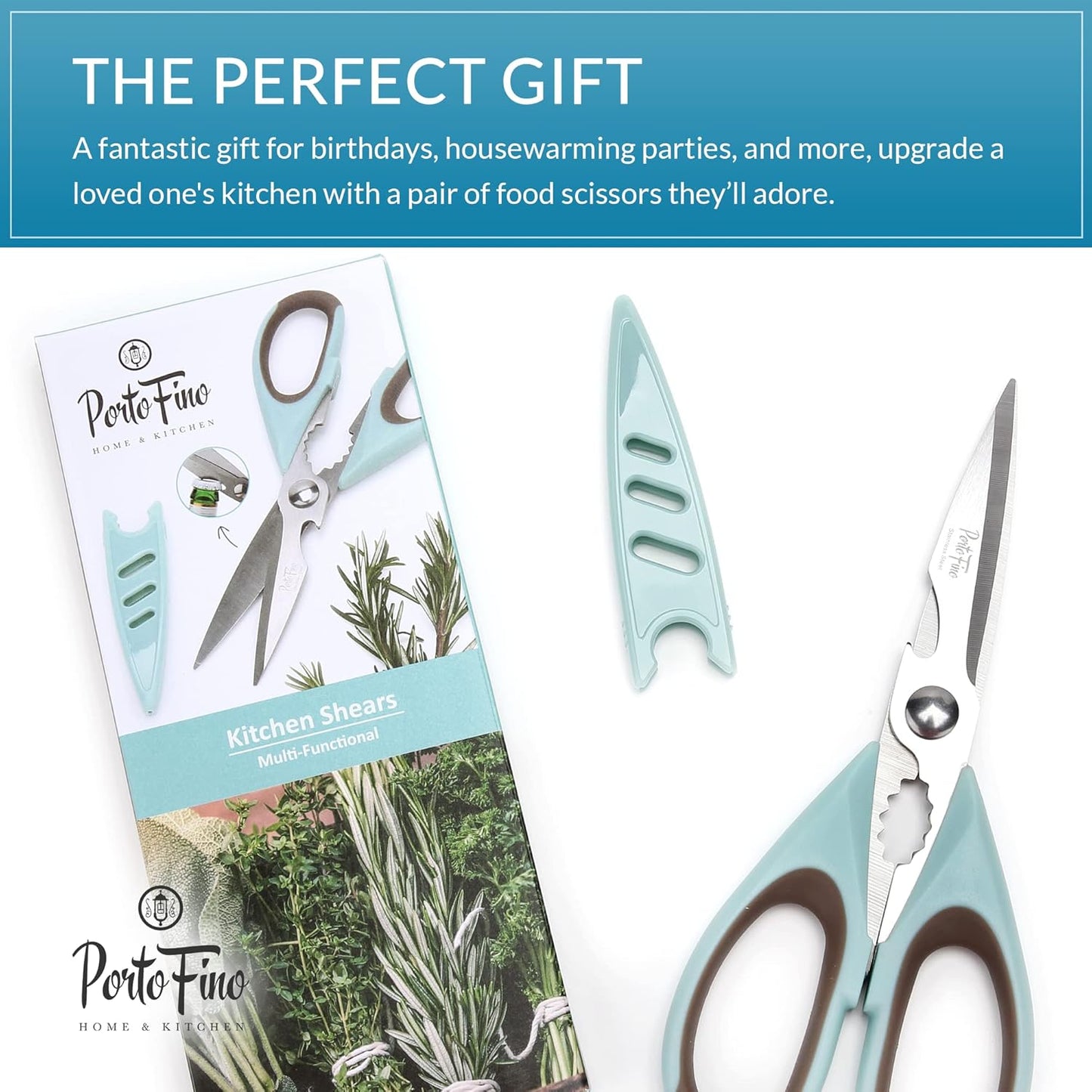 PortoFino Kitchen Scissors for Food, Stainless Steel Shears, Cooking Scissors for Chicken, Fish, Herbs, Lightweight and designed with a soft Non-Slip Grip, Protect Cover, Dishwasher Safe, Blue