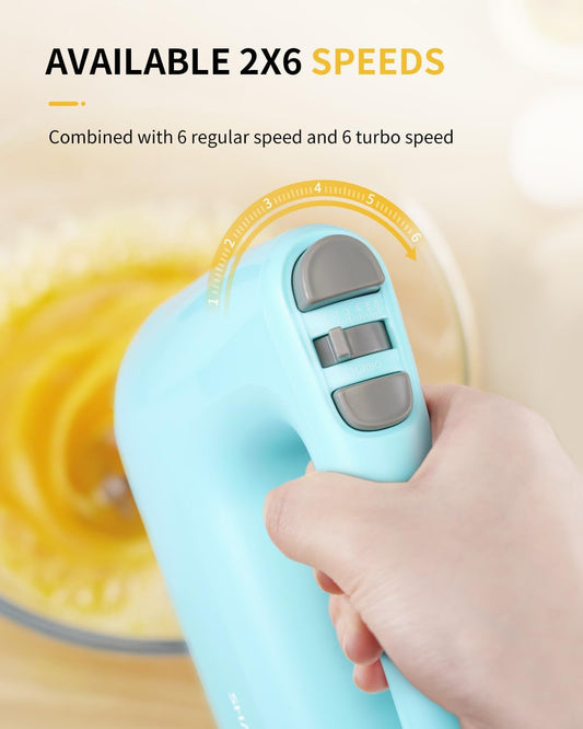 Hand Mixer Electric, 6 Speed & Turbo Mixer Electric Handheld, Snap-On Storage Case,5 Stainless Steel Accessories for Whipping, Mixing Cookies, Brownie, Cakes, Dough Batters (Blue)