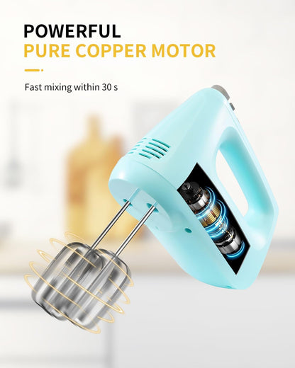 Hand Mixer Electric, 6 Speed & Turbo Mixer Electric Handheld, Snap-On Storage Case,5 Stainless Steel Accessories for Whipping, Mixing Cookies, Brownie, Cakes, Dough Batters (Blue)