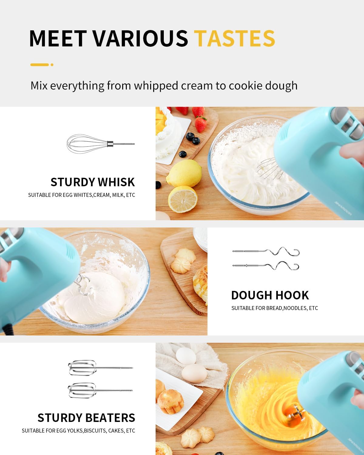 Hand Mixer Electric, 6 Speed & Turbo Mixer Electric Handheld, Snap-On Storage Case,5 Stainless Steel Accessories for Whipping, Mixing Cookies, Brownie, Cakes, Dough Batters (Blue)