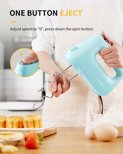 Hand Mixer Electric, 6 Speed & Turbo Mixer Electric Handheld, Snap-On Storage Case,5 Stainless Steel Accessories for Whipping, Mixing Cookies, Brownie, Cakes, Dough Batters (Blue)