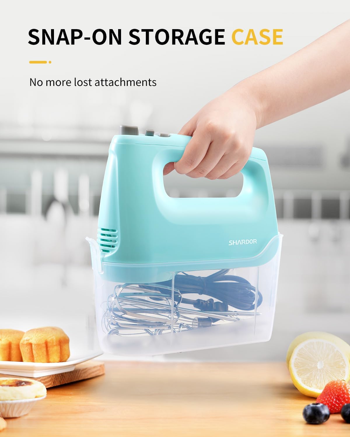Hand Mixer Electric, 6 Speed & Turbo Mixer Electric Handheld, Snap-On Storage Case,5 Stainless Steel Accessories for Whipping, Mixing Cookies, Brownie, Cakes, Dough Batters (Blue)