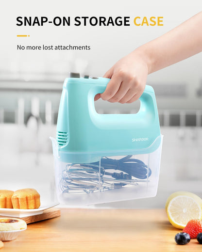 Hand Mixer Electric, 6 Speed & Turbo Mixer Electric Handheld, Snap-On Storage Case,5 Stainless Steel Accessories for Whipping, Mixing Cookies, Brownie, Cakes, Dough Batters (Blue)