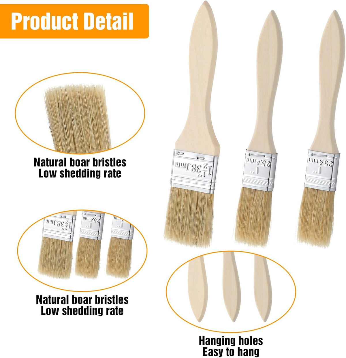 3 Pcs Natural Bristle Pastry Brush, Basting Brush Handle (Wood)