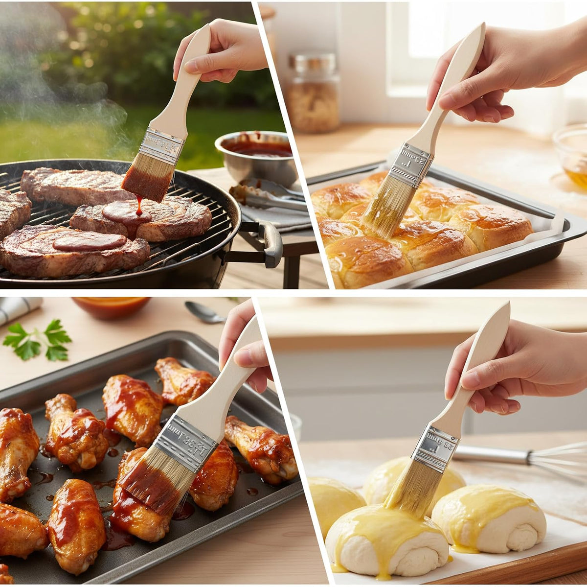 3 Pcs Natural Bristle Pastry Brush, Basting Brush Handle (Wood)