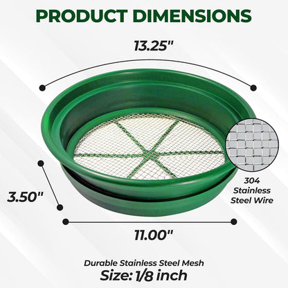13.25 Inch Wide Stackable Classifier Gold Prospecting Pan - 1/8 Inch Stainless Steel Mesh Sifting Pan, Green