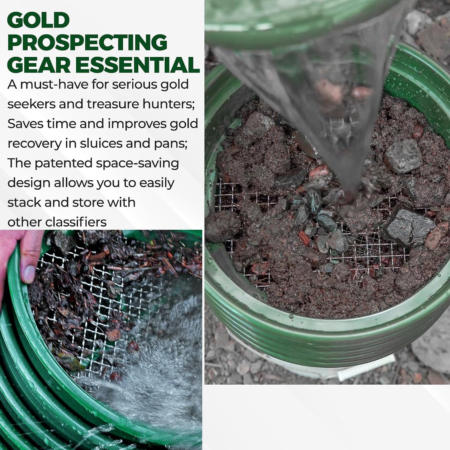13.25 Inch Wide Stackable Classifier Gold Prospecting Pan - 1/8 Inch Stainless Steel Mesh Sifting Pan, Green