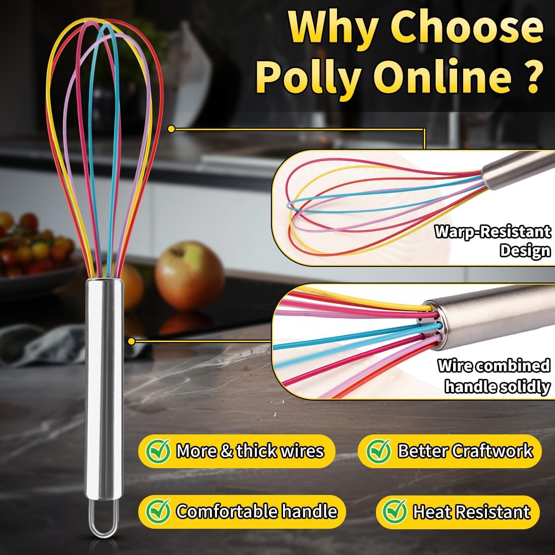 Stainless Steel Whisk Set, 3 Packs Balloon Whisk for Cooking, Whisking, Blending (8",10",12")