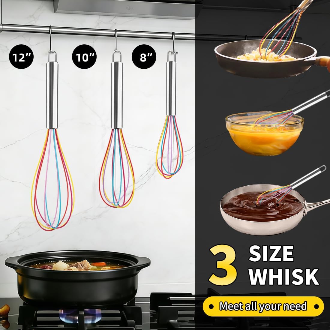 Stainless Steel Whisk Set, 3 Packs Balloon Whisk for Cooking, Whisking, Blending (8",10",12")