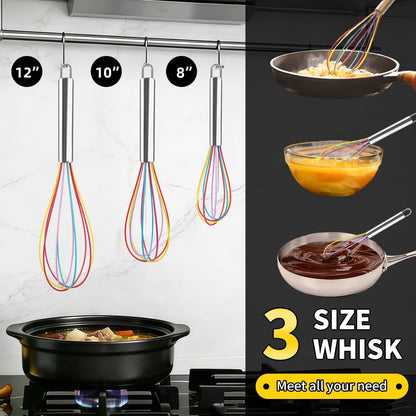 Stainless Steel Whisk Set, 3 Packs Balloon Whisk for Cooking, Whisking, Blending (8",10",12")