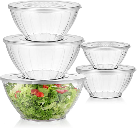 5 Pack Extra Large Mixing Bowls with Lids Set, Plastic Nesting Bowls for Meal Prep, Baking, Serving, 7.2/4.7/2.9/1.8/0.9 qt