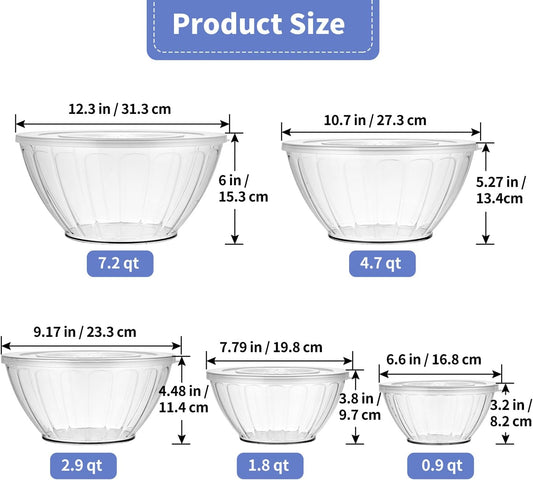 5 Pack Extra Large Mixing Bowls with Lids Set, Plastic Nesting Bowls for Meal Prep, Baking, Serving, 7.2/4.7/2.9/1.8/0.9 qt