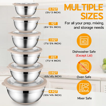 Mixing Bowls with Lids Set of 6, Large Metal Nesting Mixing Bowls, Stainless Steel Non-Slip Salad Bowl Khaki – Size 0.7, 1, 1.5, 2, 2.6, 4.6QT