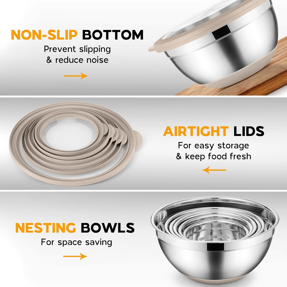 Mixing Bowls with Lids Set of 6, Large Metal Nesting Mixing Bowls, Stainless Steel Non-Slip Salad Bowl Khaki – Size 0.7, 1, 1.5, 2, 2.6, 4.6QT