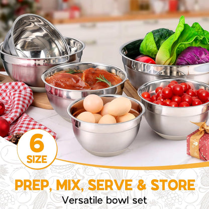 Mixing Bowls with Lids Set of 6, Large Metal Nesting Mixing Bowls, Stainless Steel Non-Slip Salad Bowl Khaki – Size 0.7, 1, 1.5, 2, 2.6, 4.6QT