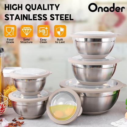 Mixing Bowls with Lids Set of 6, Large Metal Nesting Mixing Bowls, Stainless Steel Non-Slip Salad Bowl Khaki – Size 0.7, 1, 1.5, 2, 2.6, 4.6QT
