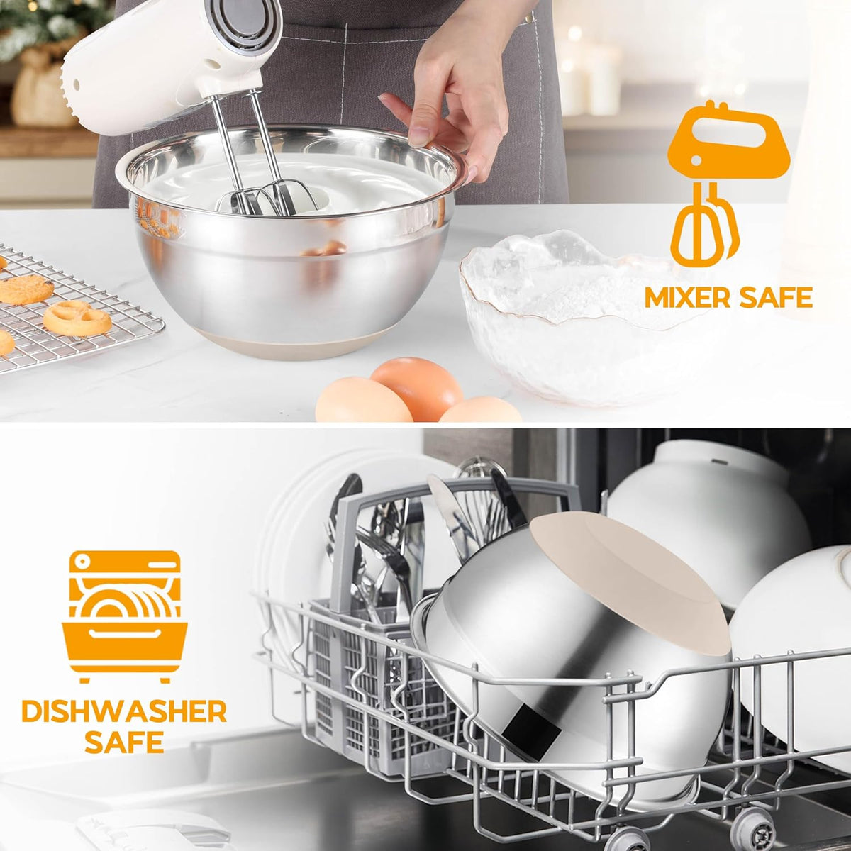 Mixing Bowls with Lids Set of 6, Large Metal Nesting Mixing Bowls, Stainless Steel Non-Slip Salad Bowl Khaki – Size 0.7, 1, 1.5, 2, 2.6, 4.6QT