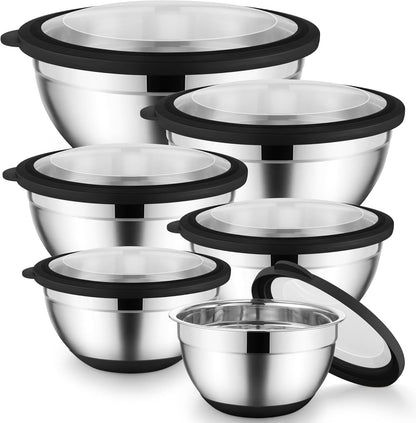 Mixing Bowls with Lids Set of 6, Large Metal Nesting Mixing Bowls, Stainless Steel Non-Slip Salad Bowl Khaki – Size 0.7, 1, 1.5, 2, 2.6, 4.6QT