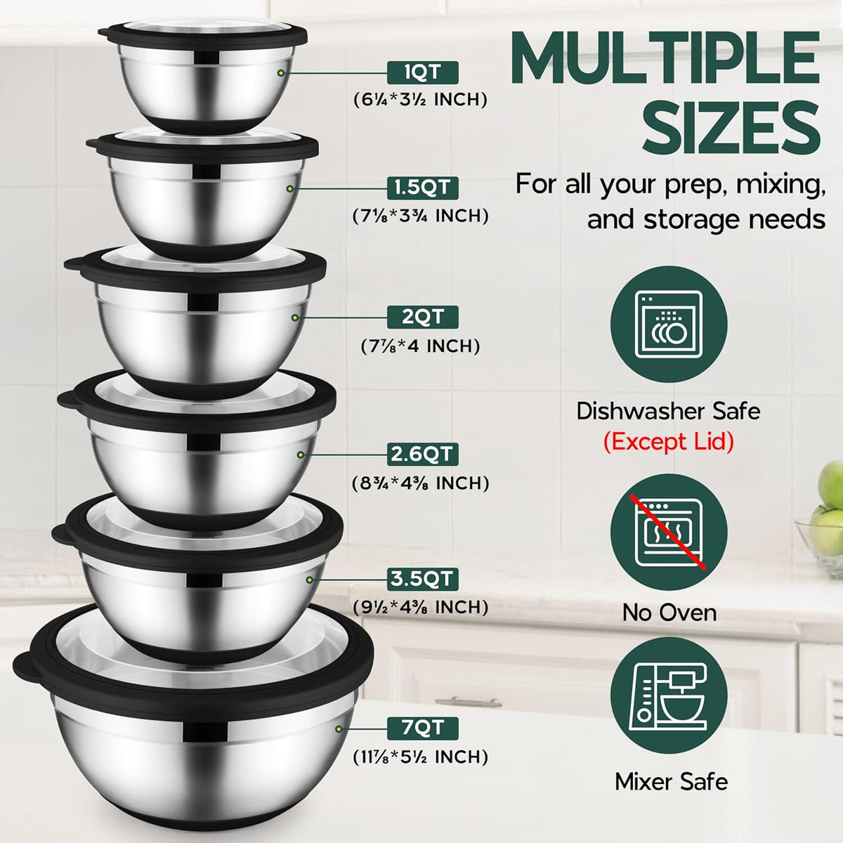 Mixing Bowls with Lids Set of 6, Large Metal Nesting Mixing Bowls, Stainless Steel Non-Slip Salad Bowl Khaki – Size 0.7, 1, 1.5, 2, 2.6, 4.6QT