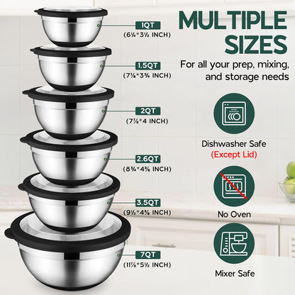 Mixing Bowls with Lids Set of 6, Large Metal Nesting Mixing Bowls, Stainless Steel Non-Slip Salad Bowl Khaki – Size 0.7, 1, 1.5, 2, 2.6, 4.6QT