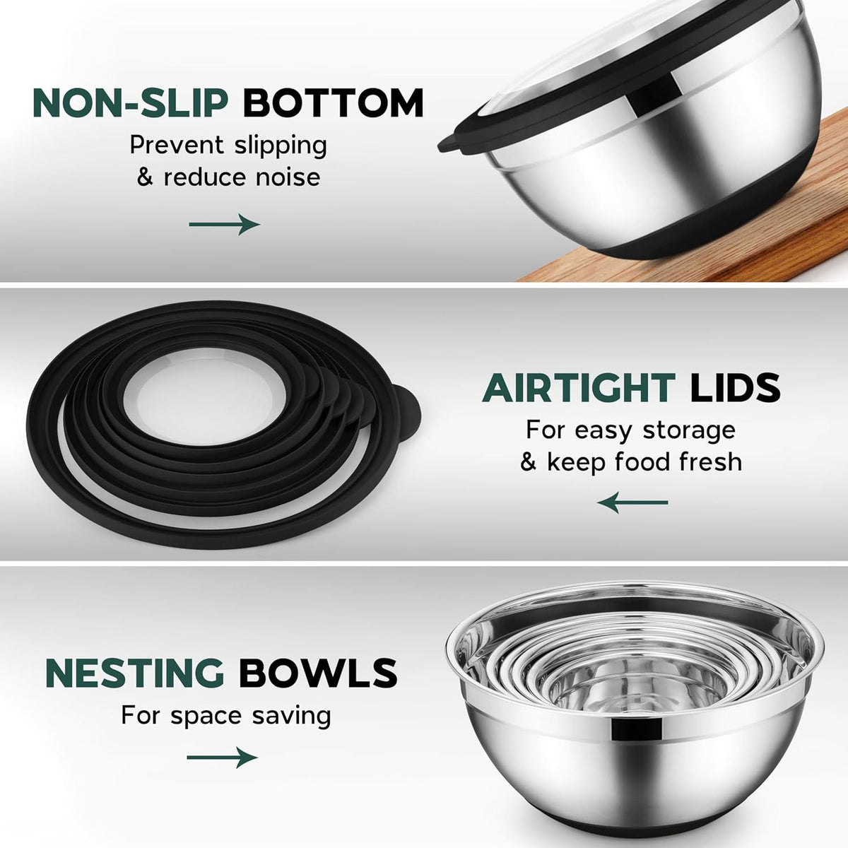 Mixing Bowls with Lids Set of 6, Large Metal Nesting Mixing Bowls, Stainless Steel Non-Slip Salad Bowl Khaki – Size 0.7, 1, 1.5, 2, 2.6, 4.6QT