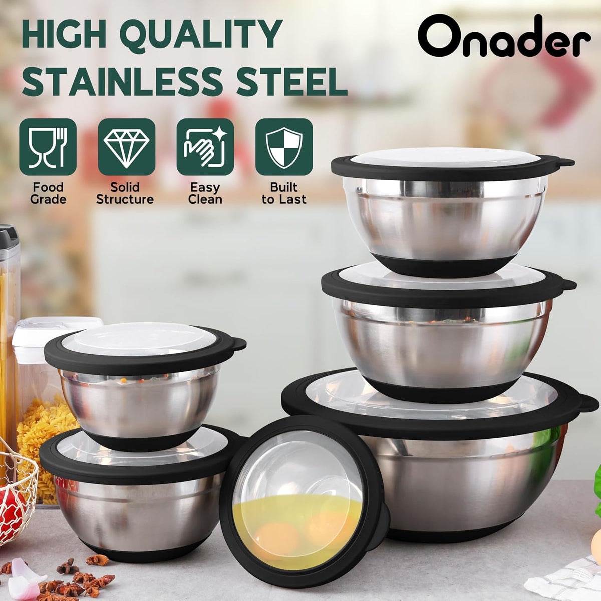 Mixing Bowls with Lids Set of 6, Large Metal Nesting Mixing Bowls, Stainless Steel Non-Slip Salad Bowl Khaki – Size 0.7, 1, 1.5, 2, 2.6, 4.6QT