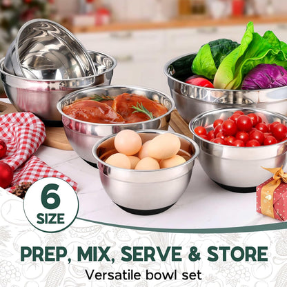 Mixing Bowls with Lids Set of 6, Large Metal Nesting Mixing Bowls, Stainless Steel Non-Slip Salad Bowl Khaki – Size 0.7, 1, 1.5, 2, 2.6, 4.6QT